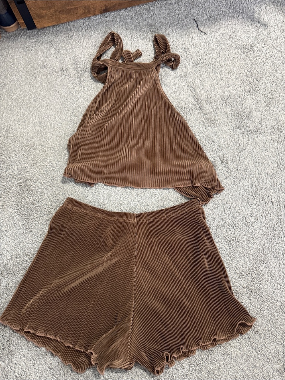 SHEIN Brown Ribbed Velvet Tie-Strap Tank & Shorts Set